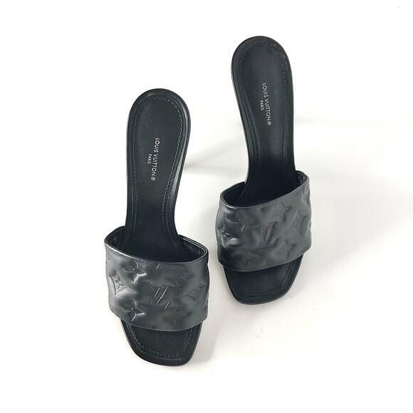 Louis Vuitton Revival Monogram Emboss Black Leather Heeled Mules Sandals 40 - Picture 3 of 11